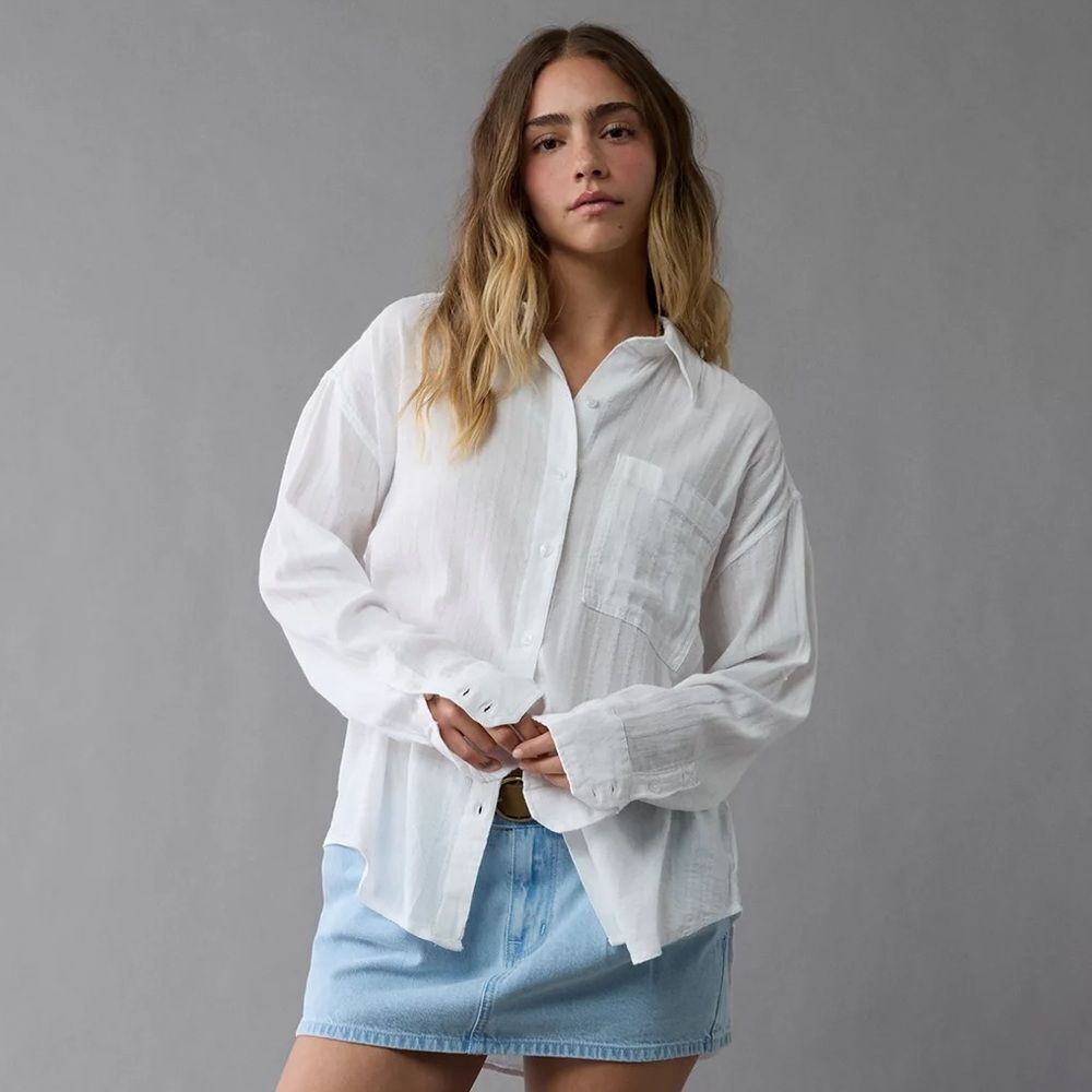 AE White Perfect Button up Long Sleeve Classic  Fit Breezy Cotton Shirt